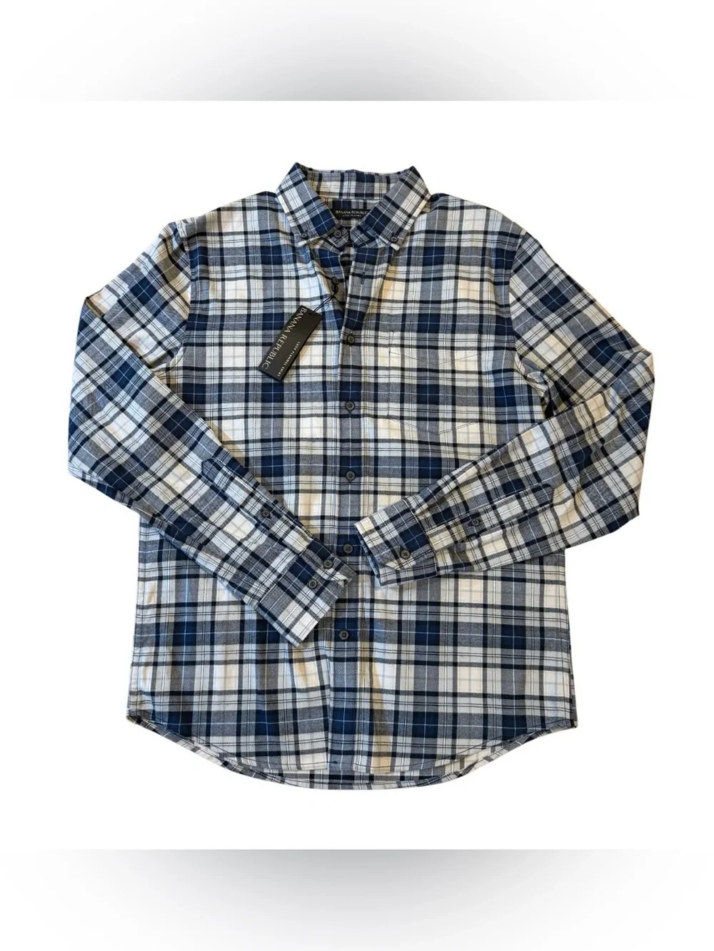 Banana Republic Luxe Flannel Shirt Mens S Blue Plaid Untucked Slim Fit NWT